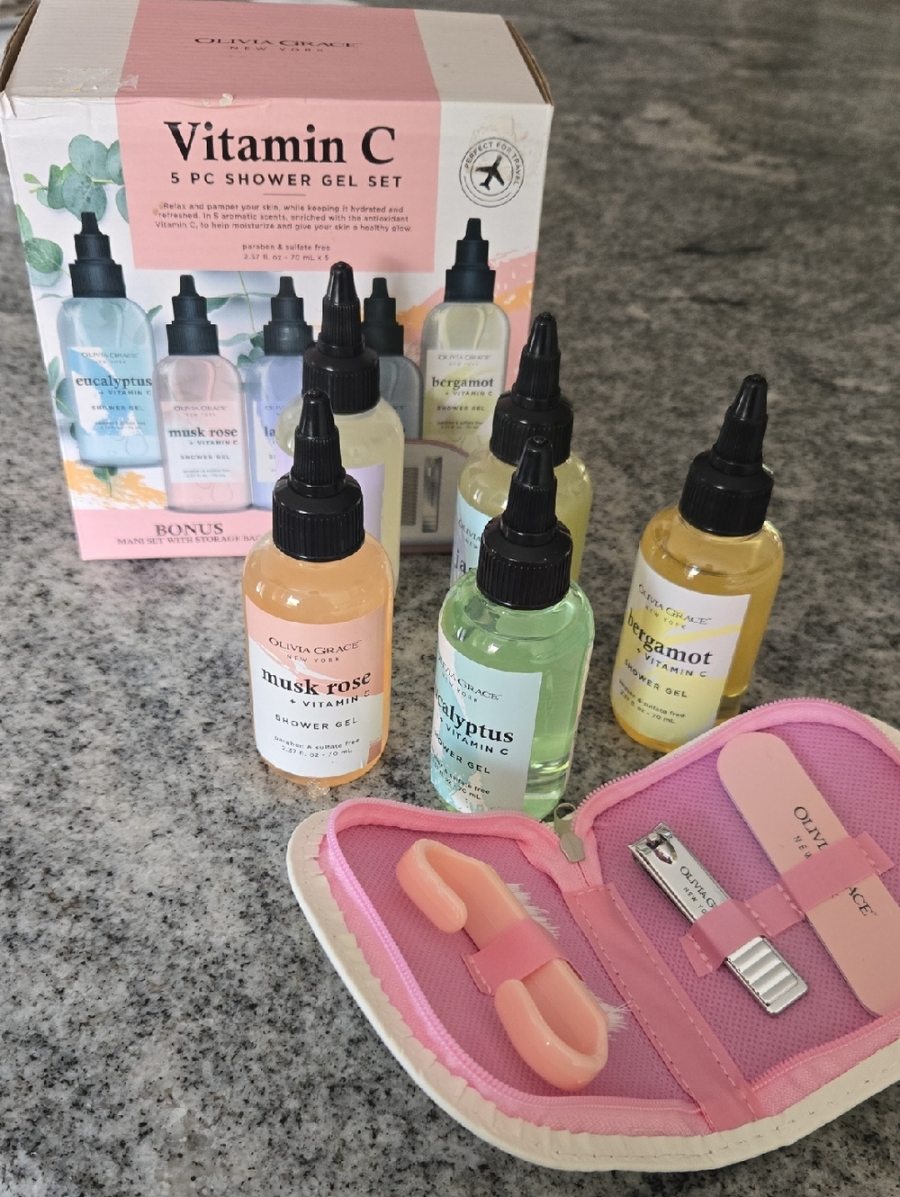 Olivia Grace Vitamin C 5-Piece Shower Gel Set with Bonus Manicure Set NEW